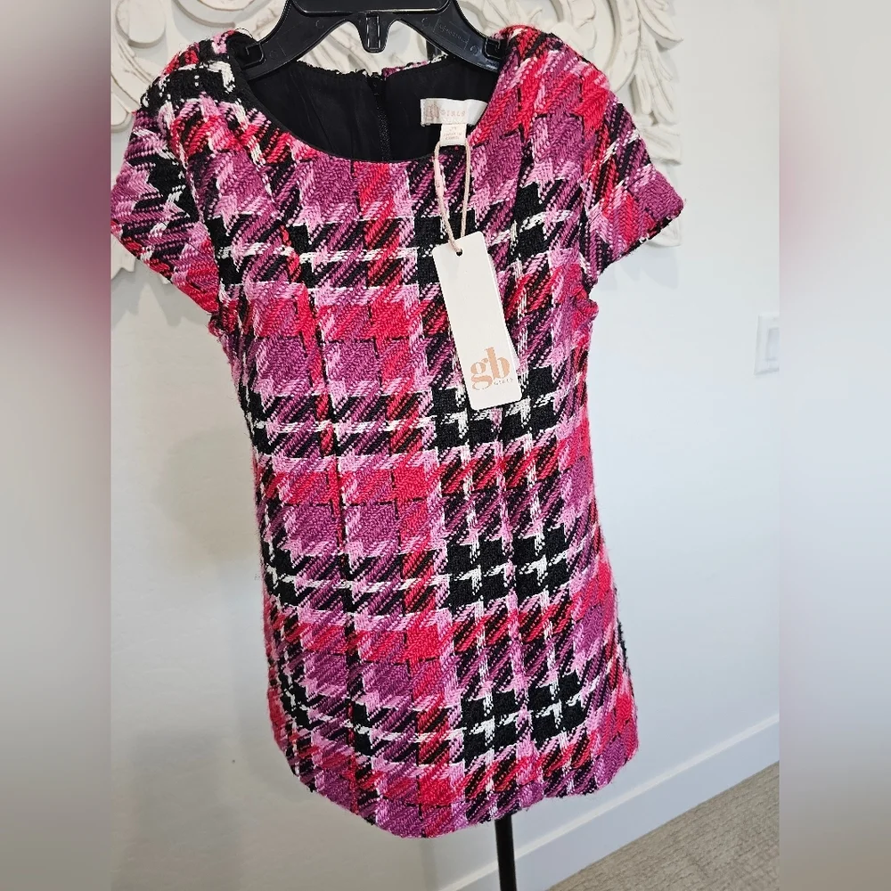 NWT gb plaid Pink & Black Houndstooth Tweed Vintage Look Girls Dress 10, 5, & 2T